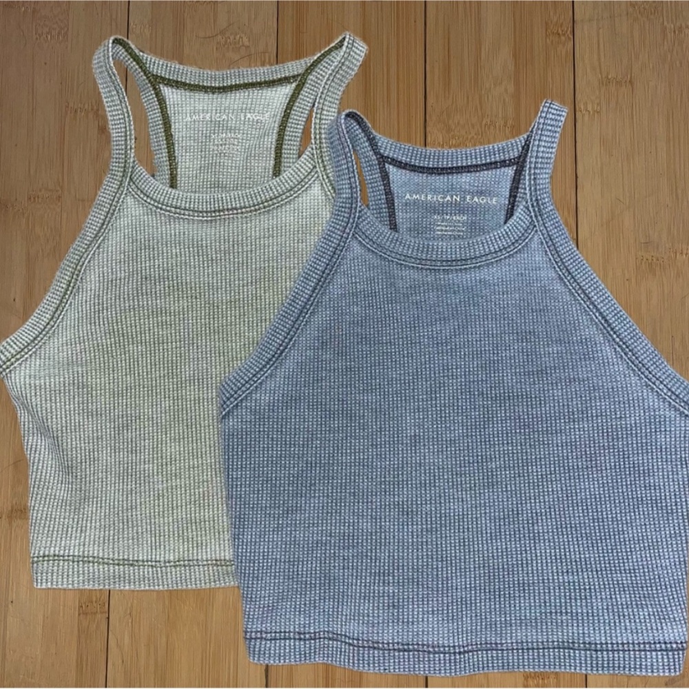 American Eagle: cropped tank top, pastel green and blue